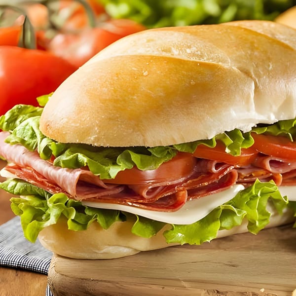 A delicious Juniors Pizza and more sub sandwich with salami, cheese, lettuce, and tomatoes.
