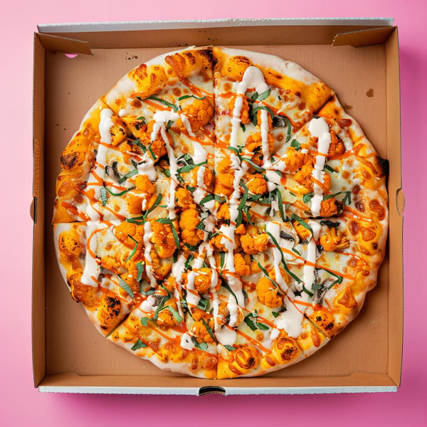 A buffalo cauliflower pizza with white and orange sauce drizzle and green herbs in a cardboard box.